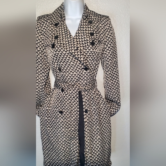 Rachel Roy Chic Black & Cream Patterned Belted Double Breasted Trench Coat XS - Picture 2 of 9